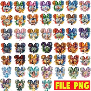 May include: A collection of colourful Mickey Mouse head designs featuring Disney characters. Each design has a bow and a watercolour-style background, with characters such as Mickey, Minnie, and Simba.
