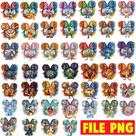 45+ Watercolor Disney All Character PNG Bundle, Disney Friends Coquette Bow Png, Disney World Family Vacation 2026 Png, Magical Kingdom Png