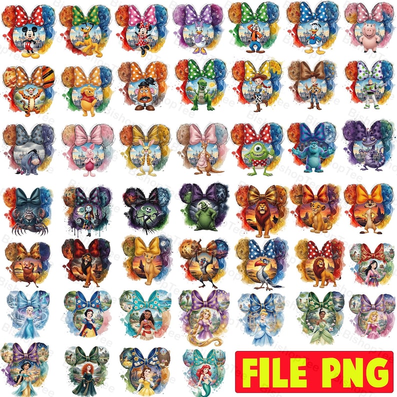 May include: A collection of colorful Mickey Mouse head designs with various Disney character illustrations. Each design features a bow and a watercolor-style background, with characters like Mickey, Minnie, and Simba.