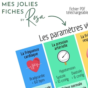 Könnte beinhalten: Ein herunterladbares PDF mit medizinischen Infografiken. Das Design umfasst drei farbige Tafeln: blau mit einer Herzgrafik, grün mit einem Blutdruckmessgerät und gelb mit einer Lungenillustration. Der Text enthält "Les paramètres vitaux" und "La fréquence cardiaque".