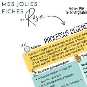 Peut inclure: Un document PDF téléchargeable intitulé "PROCESSUS DEGENERATIF", détaillant les processus dégénératifs. Le document comprend des définitions, des mécanismes et des types de ces processus. Le document présente le texte "MES JOLIES FICHES BY Rosa".
