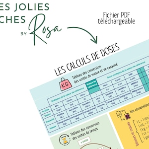 Può includere: Un PDF scaricabile con tabelle di conversione per unità di massa, capacità e tempo. Il documento include tabelle per la conversione tra unità come chilogrammi, litri e grammi, con una sezione sulle conversioni essenziali. Il titolo è "LES CALCULS DE DOSES".