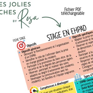 Peut inclure: Document PDF téléchargeable "Mes Jolies Fiches by Rosa" sur les EHPAD, avec objectifs, buts spécifiques et types d'EHPAD. Le document est en français et présente une icône de cible.