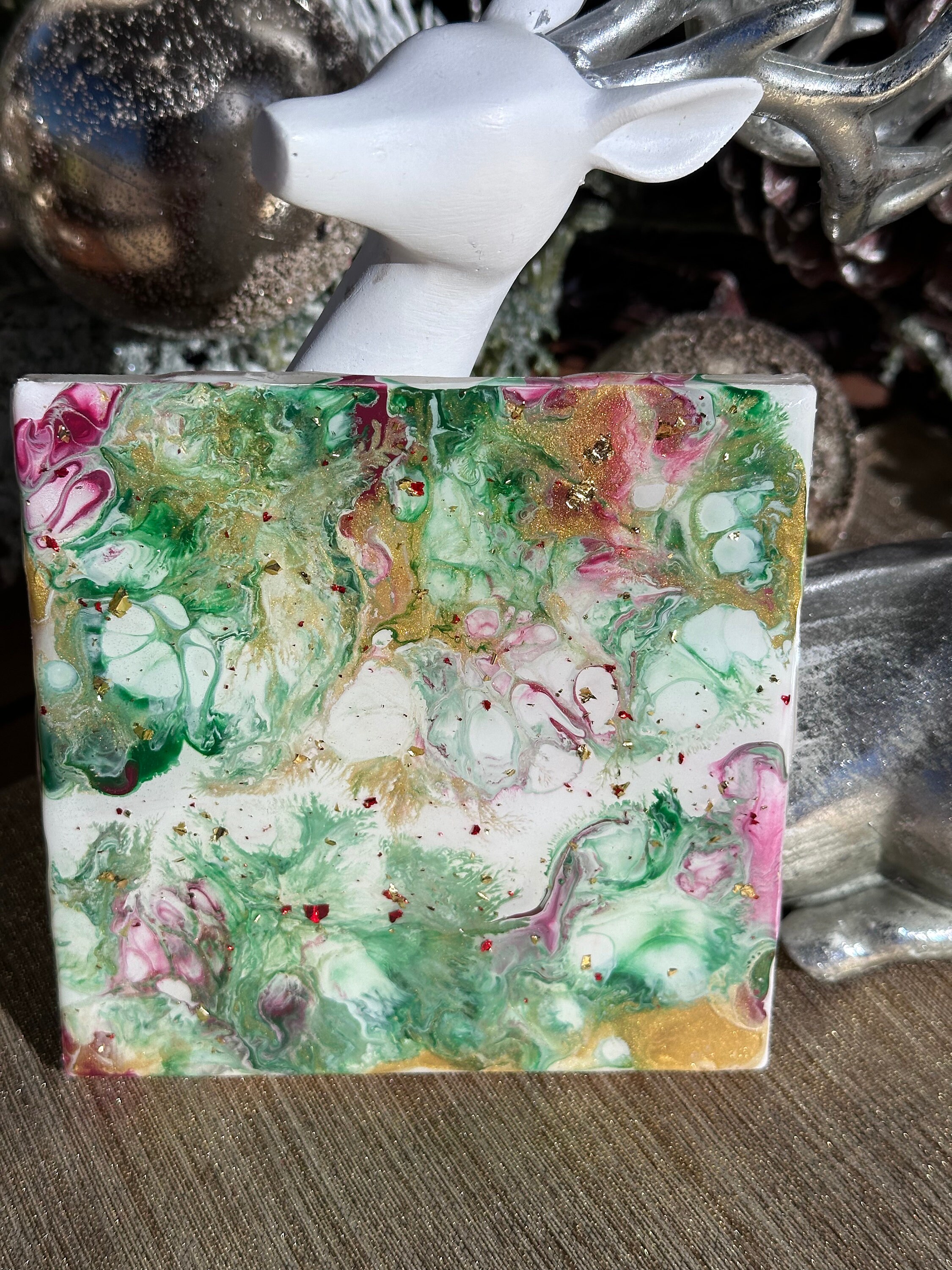 READY TO SHIP Ceramic Tile Drink Coaster Set of 4 Acrylic Pour Glossy