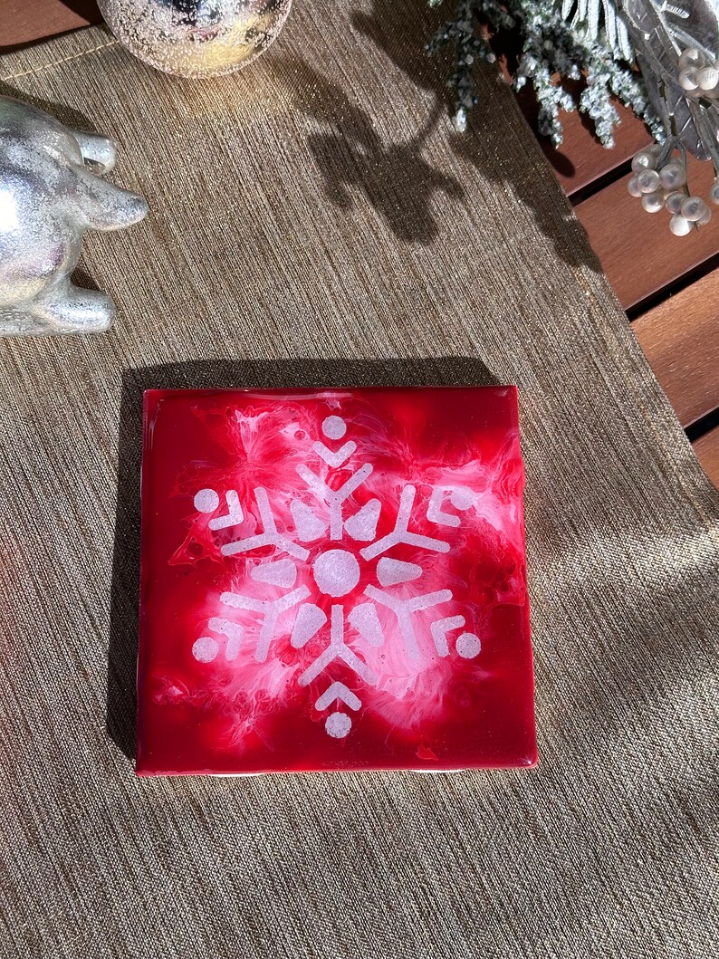 READY TO SHIP Ceramic Tile Drink Coasters Acrylic Pour Set of 4 Red