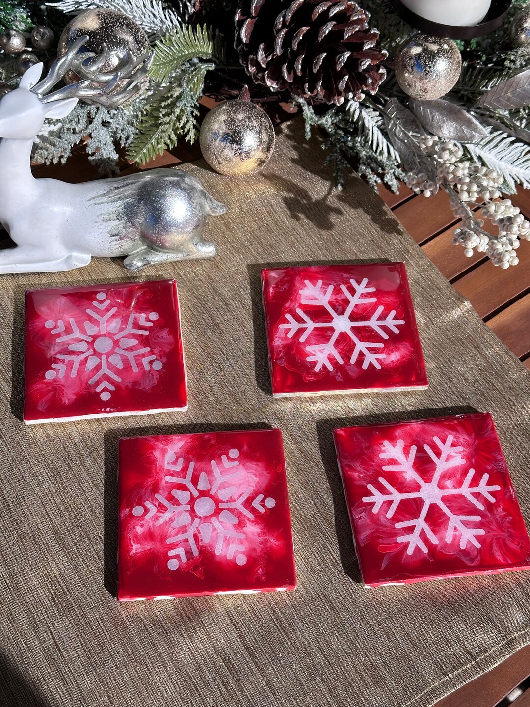 READY TO SHIP Ceramic Tile Drink Coasters Acrylic Pour Set of 4 Red
