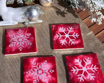 READY TO SHIP: Ceramic Tile Drink Coasters - Acrylic Pour Set of 4 Red and White Christmas Snowflake - Glossy with Cork Backing
