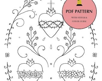 PDF Pattern with Stitch and Color Recommendations - Three Sacred Hearts, Catholic Embroidery