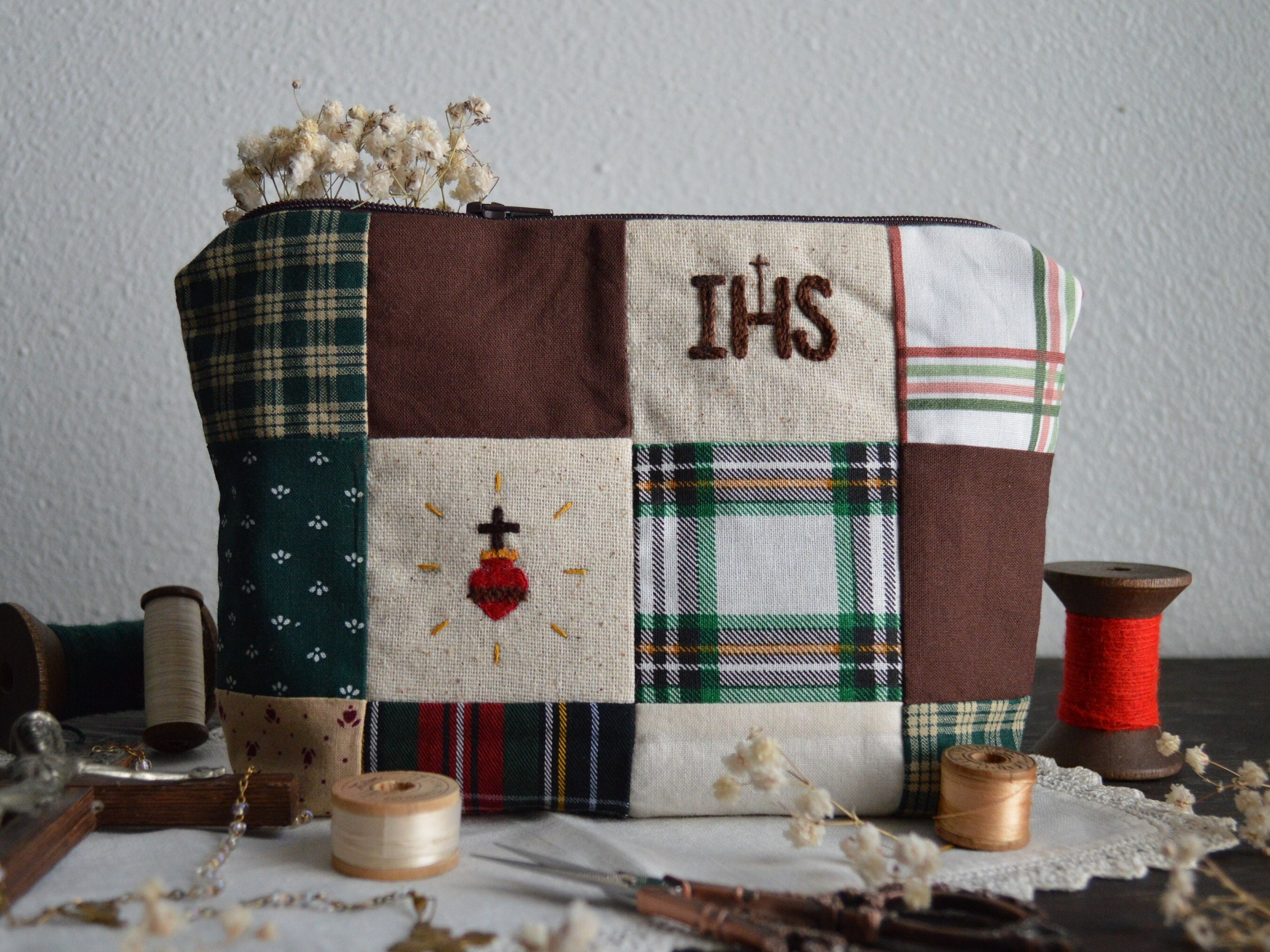 Embroidered Patchwork Pouch - Sacred Heart