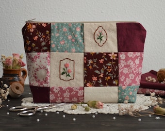 Embroidered Patchwork Pouch - Pink Flowers