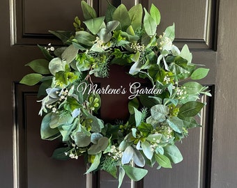 GABRIELA'S GREENS Wreath, All Seasons Wreath, Fits Behind Storm Door Wreath, Gift for Mom, Lush Green Wreath, Marlene’s Garden
