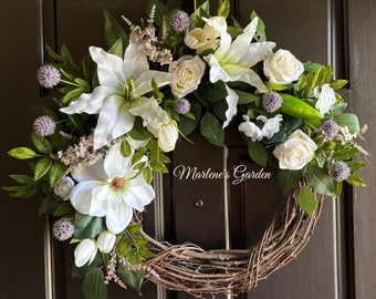 GRACEFUL LILY ROSE Wreath, Spring / Summer Wreath, Front Door Wreath, Unique Design, White Lily Wreath, Large Silk Wreath, Marlene's Garden