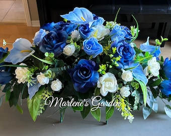 ETERNAL LOVE Blue and White Cemetery Saddle, Cemetery Saddle, Artificial Tribute Flowers, Tombstone Saddle, Memorial, Marlene's Garden