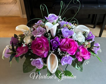 ETERNAL LOVE Purple, Magenta, White, Cemetery Saddle, Faux Tribute Flowers, Tombstone Saddle, Headstone Flowers, Memorial, Marlene's Garden