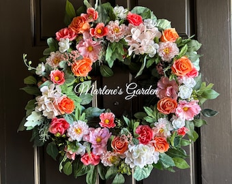SCARLETT'S SUNSET Wreath, Front Door Wreath, Spring / Summer Wreath, Silk Flowers, Mother's Day, Front Door Decor, Marlene’s Garden