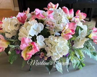 ETERNAL LOVE White and Pink Cemetery Saddle, Cemetery Saddle, Tribute Flowers, Tombstone Saddle, Memorial, Grave Flowers, Marlene's Garden
