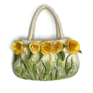 Textured Wet Felted bag made with Pernedale wool fibre and embellished with Merino yarn merino roses and silk fibres