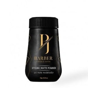 May include: Black plastic bottle with a gold logo and the text "Barber" and "Styling Matte Powder" in white. The bottle contains a powder for styling hair.