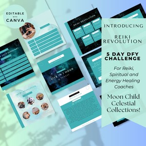 May include: A turquoise and black graphic design for a 5-day Reiki Revolution DFY Challenge. The text "Introducing Reiki Revolution" is at the top of the graphic. The text "5 Day DFY Challenge" is in a larger font size. The text "For Reiki, Spiritual and Energy Healing Coaches" is below the challenge title. The text "Moon Child Celestial Collections!" is at the bottom of the graphic.