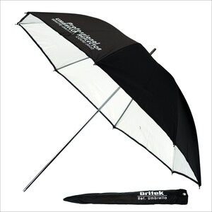 May include: A black and white professional reflector umbrella with the text "Professional Reflector Umbrella White/Silver Cover" printed on the black side. The umbrella is folded and stored in a black carrying case with the text "Britek Ref. Umbrella" printed on it.