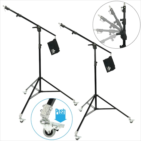 Set of 2: Heavy Duty Light Stand with Wheels, Black - 11.3' (3.5m) - One-Button Boom to Stand - Counterweight Bag Included