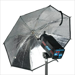 May include: A silver reflector umbrella with a black flash unit attached to it. The flash unit has a black and blue design with the word "Britlite" printed on it.