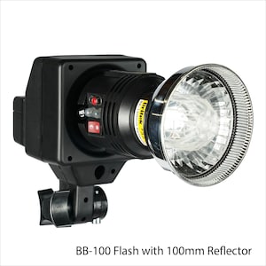 May include: Black flash unit with a 100mm reflector. The flash has a red power indicator light and a fuse indicator. The text "Brick 2" and "100mm Reflector" is printed on the side of the flash.