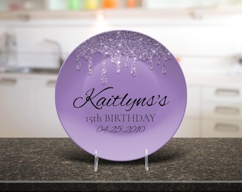 Personalized Birthday Gift, Teen Birthday For Her, Customized Plate With Name And Birth Date, Purple Glitters Surprise Bday Dinner Party