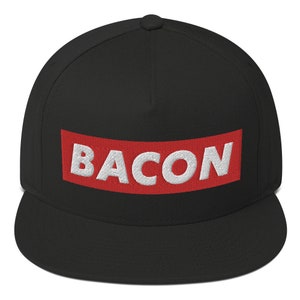 Bacon Snapback Cap, Bacon Embroidered Hat, Bacon Red Box White Text