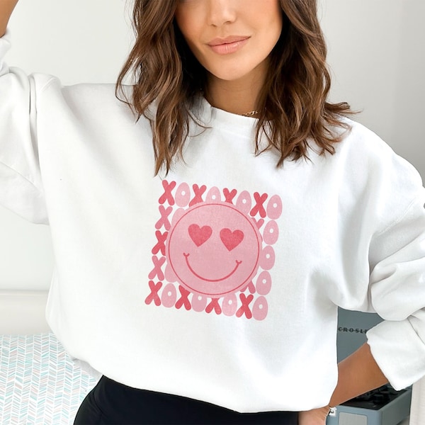 Valentine's Day Sweatshirt, Cute Smiley Face with Hearts, XOXO Hugs and Kisses, Romantic Gift for Her, Cozy Love Pullover, Casual Chic Wear