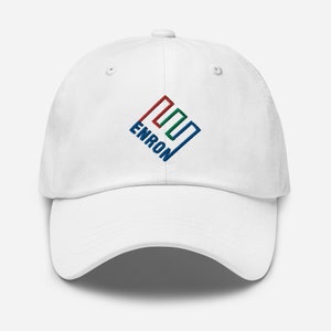 May include: White baseball cap with an embroidered logo of a blue, green, and red geometric shape with the word "ENRON" underneath.