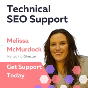 May include: A woman with long brown hair smiles at the camera. The text "Technical SEO Support" is at the top of the image. Below the woman's image, the text reads "Melissa McMurodock Managing Director Get Support Today". The background is a pink and purple geometric pattern.