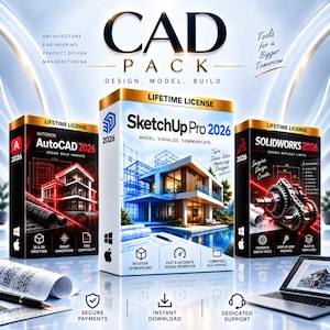 Könnte beinhalten: Drei Software-Produktboxen mit der Aufschrift CAD PACK, darunter AutoCAD 2026, SketchUp Pro 2026 und SolidWorks 2026. Jede Box zeigt ein lebenslanges Lizenzabzeichen, technische Grafiken und Software-Branding. Ein Laptop und Architekturpläne sind zu sehen.
