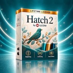 Peut inclure: Une boîte de logiciel rectangulaire pour Hatch 2 by Wilcom avec une licence à vie. Le devant présente une illustration d'oiseau bleu, des motifs de broderie floraux et trois bobines de fil. Des icônes pour numérisation, lettrage et point auto.