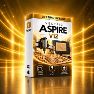 Könnte beinhalten: Eine weiß-goldene Software-Box für Vectric Aspire V12 mit einer lebenslangen Lizenz. Die Box zeigt eine CNC-Maschine beim Fräsen eines Blumenmusters, einen Computermonitor sowie Symbole für Vektordesign, CNC-Bereitschaft und flexible Arbeitsabläufe.