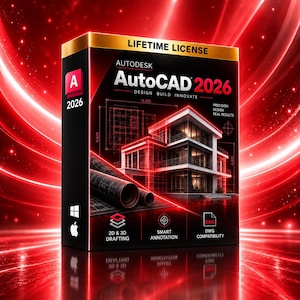 Könnte beinhalten: Eine rechteckige Software-Box für Autodesk AutoCAD 2026 in Rot und Schwarz. Die Vorderseite zeigt ein Drahtgittermodell eines Hauses, Baupläne und Text, darunter LIFETIME LICENSE, 2D & 3D DRAFTING, SMART ANNOTATION und DWG COMPATIBILITY.