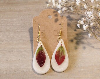 Autumn leaf clay dangle earrings - polymer clay - pressed leaves - handmade
