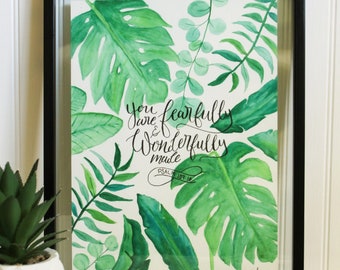 Fearfully and Wonderfully Made - Tropical Plants Watercolor Painting - Bible Verse - Art Print