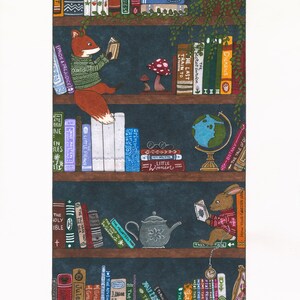 May include: A watercolor illustration of a bookshelf with a fox and a rabbit reading books. The bookshelf is filled with books, including classics like "Pride and Prejudice", "Little Women", and "The Secret Garden". There is a globe, a teapot, and a mushroom on the shelves. The fox is wearing a green sweater and the rabbit is wearing a brown sweater.