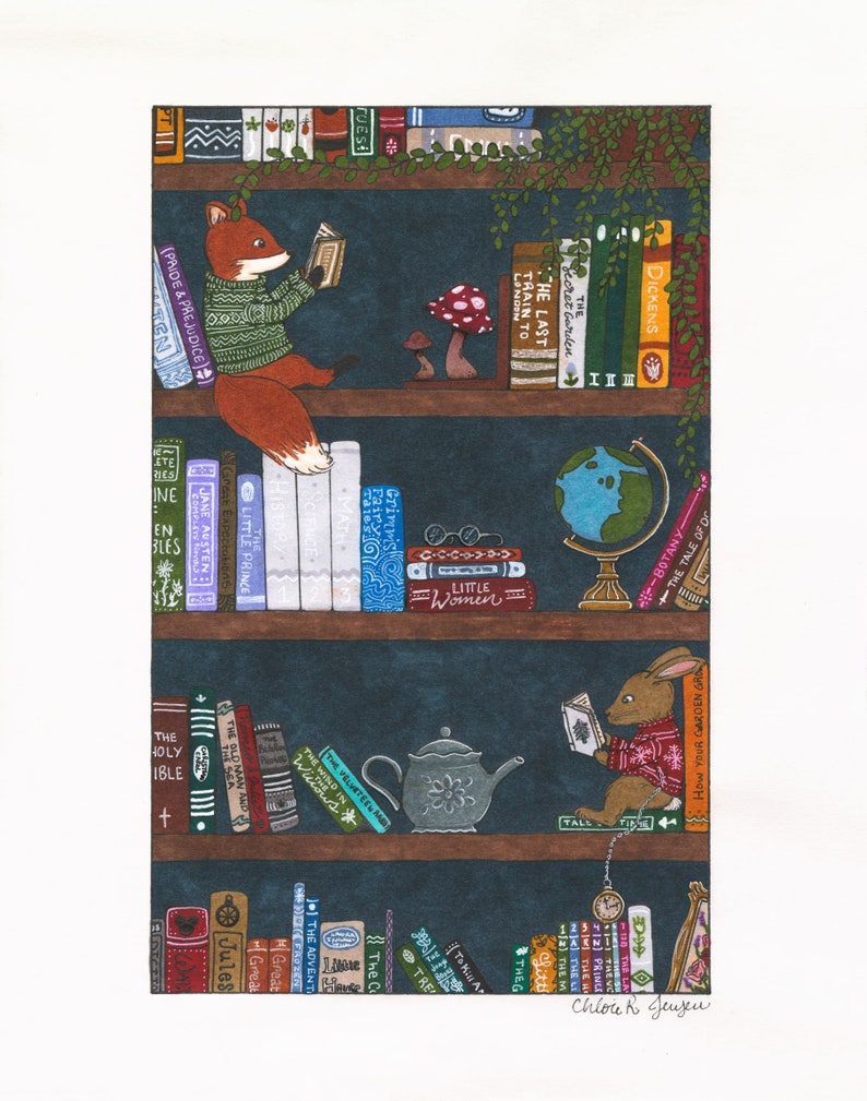 May include: A watercolor illustration of a bookshelf with a fox and a rabbit reading books. The bookshelf is filled with books, including classics like "Pride and Prejudice", "Little Women", and "The Secret Garden". There is a globe, a teapot, and a mushroom on the shelves. The fox is wearing a green sweater and the rabbit is wearing a brown sweater.