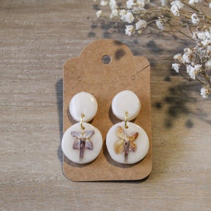 Lilac flower clay dangle earrings - polymer clay - pressed flowers - handmade