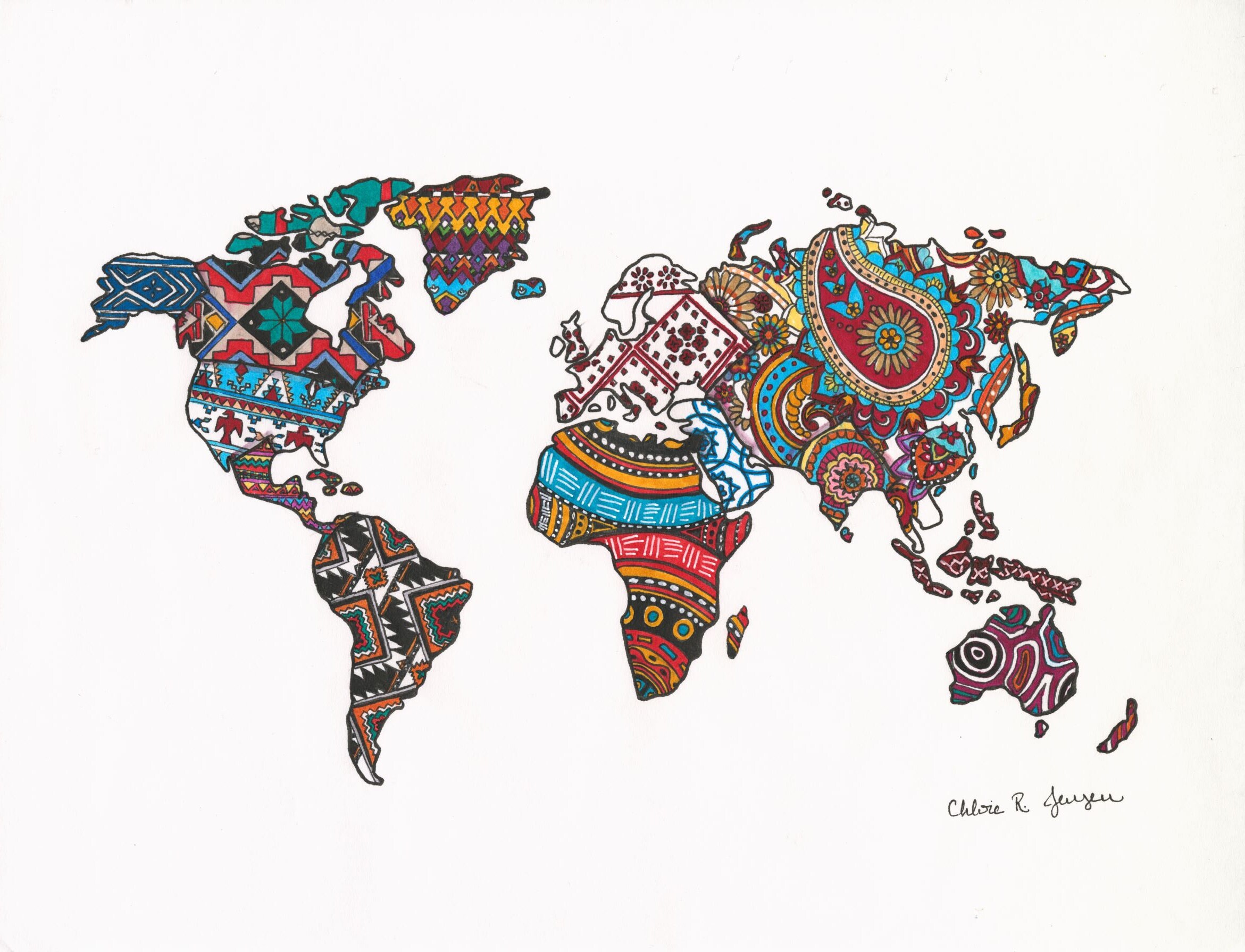 Patterns of the World World Map Marker Drawing Art Print Etsy