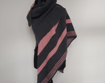 Knit shawl, merino wool, blanket scarf, pink -grey wrap around, gift for her,  hand-knit, made in Canada