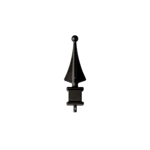 May include: Black metal fence spear finial with a pointed tip and a square base.