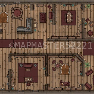 May include: A top-down view of a wooden floor plan with multiple rooms. The rooms are furnished with tables, chairs, couches, rugs, and other furniture. The floor plan is drawn in a cartoon style.