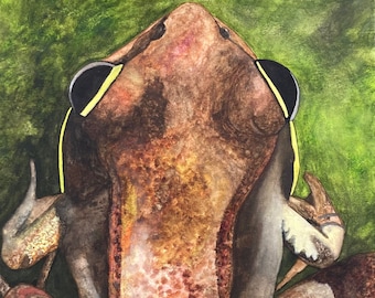 Houten kikker originele aquarel schilderij afdrukken