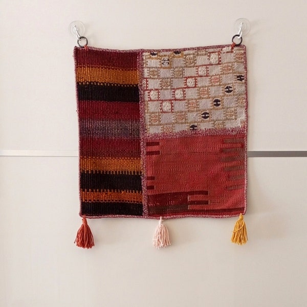Patchwork Wall Hanging Vintage Rug Fringe, Hallway Art Decor, Handwoven Turkish Accent Tapestry, Small Accessory Kilim, Unique Home Gift