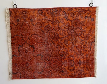 Vintage Tapestry Woven Hanging, Orange Rug For Wall, Overdyed Midcentury BohoCarpet, Anatolian Abstract Design Minimalist Eclectic Home Gift