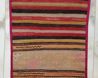 Wall Hanging Tapestry Woven Small Kilim Decor, Midcentury Ethnic Turkish Rug Art With Tassel