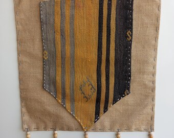 Tapestry Kilim Wall Hanging On Jute With Tassels, Vintage Ethnic Art Woven Decor Rug
